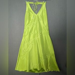 Michelle Antonelli Silk Halter Dress Embroidered Lime Green Fit Flare Size 6